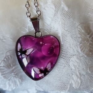 Pink Butterfly Heart Necklace